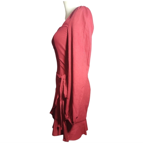Princess Polly Burgundy Long balloon Sleeve wrap mini Dress sz 4 square neck - Picture 4 of 6